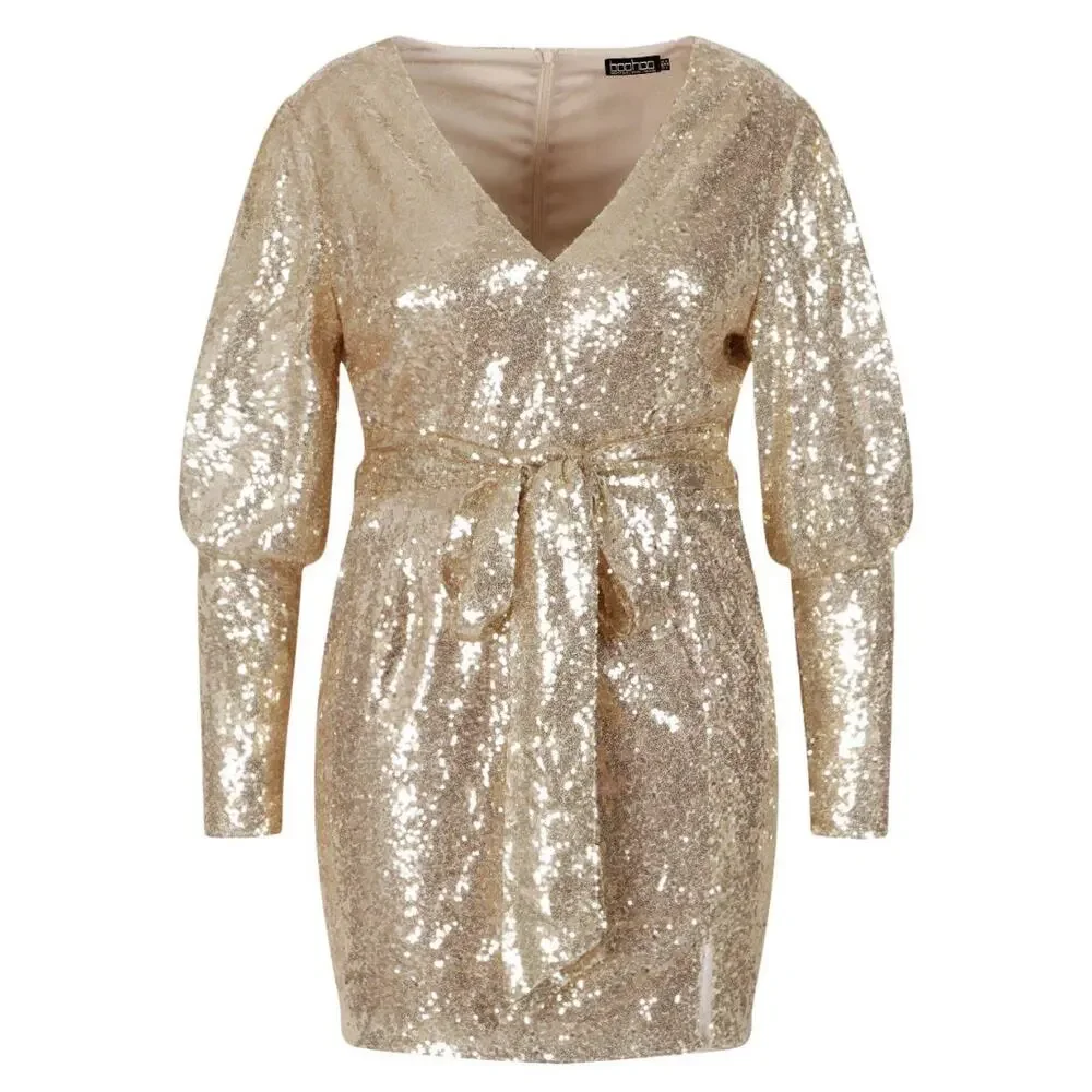 Sequin Puff Sleeve Tie Belted Mini Dress- Size 20 - Picture 1 of 6